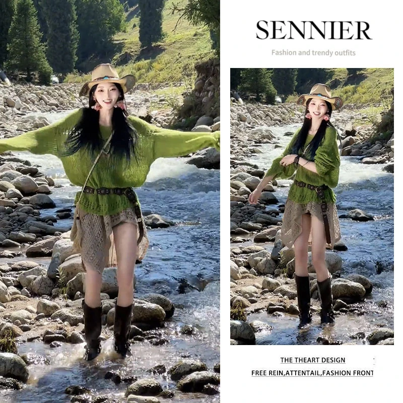 流行穿搭女装2025爆款慵懒宽松绿色针织长袖不规则屁帘短裙两件套