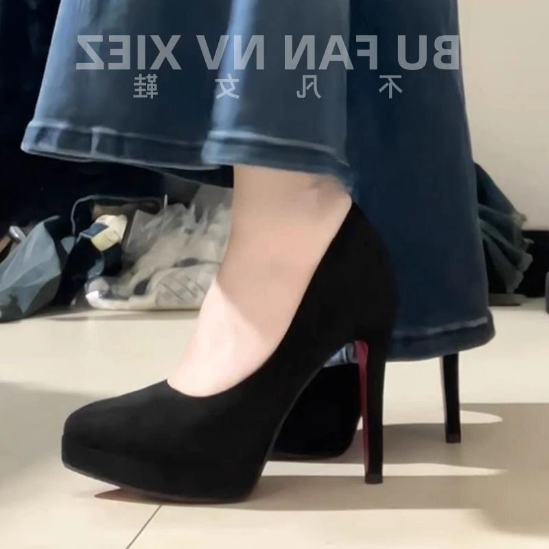 正装百搭少女绒面黑色防水台职业高跟鞋欧美性感红底浅口高跟鞋女