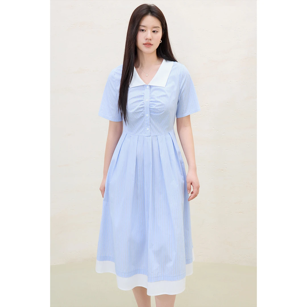 独束独束大码女装清新条纹连衣裙通勤时尚胖mm气质长裙25DS82129