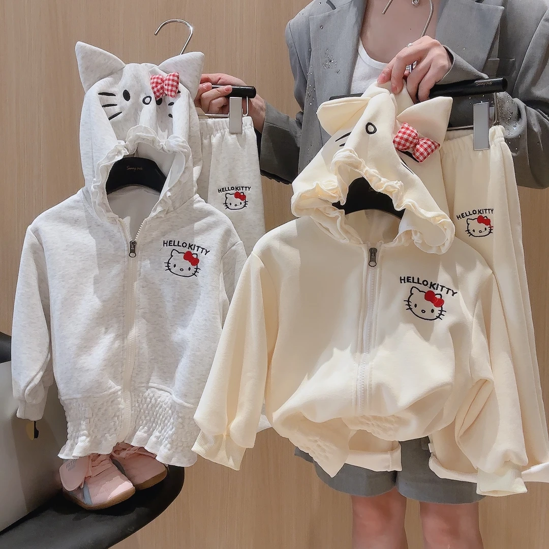 可爱kitty连帽卫衣宽松宝宝秋季开衫设计别致上衣长袖洋气亲子装