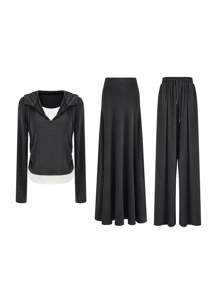 假两件气质显瘦修身撞色连帽上衣直筒裤半身裙套装-95816