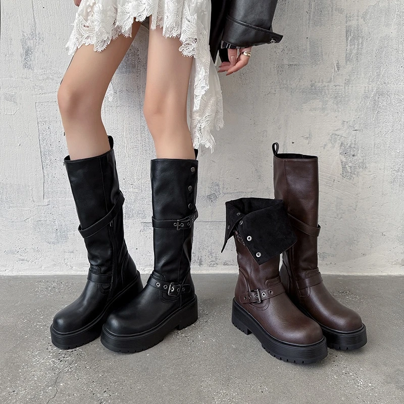 2025年秋冬新款不过膝高筒靴子女厚底平底时尚气质高跟长筒弹力靴