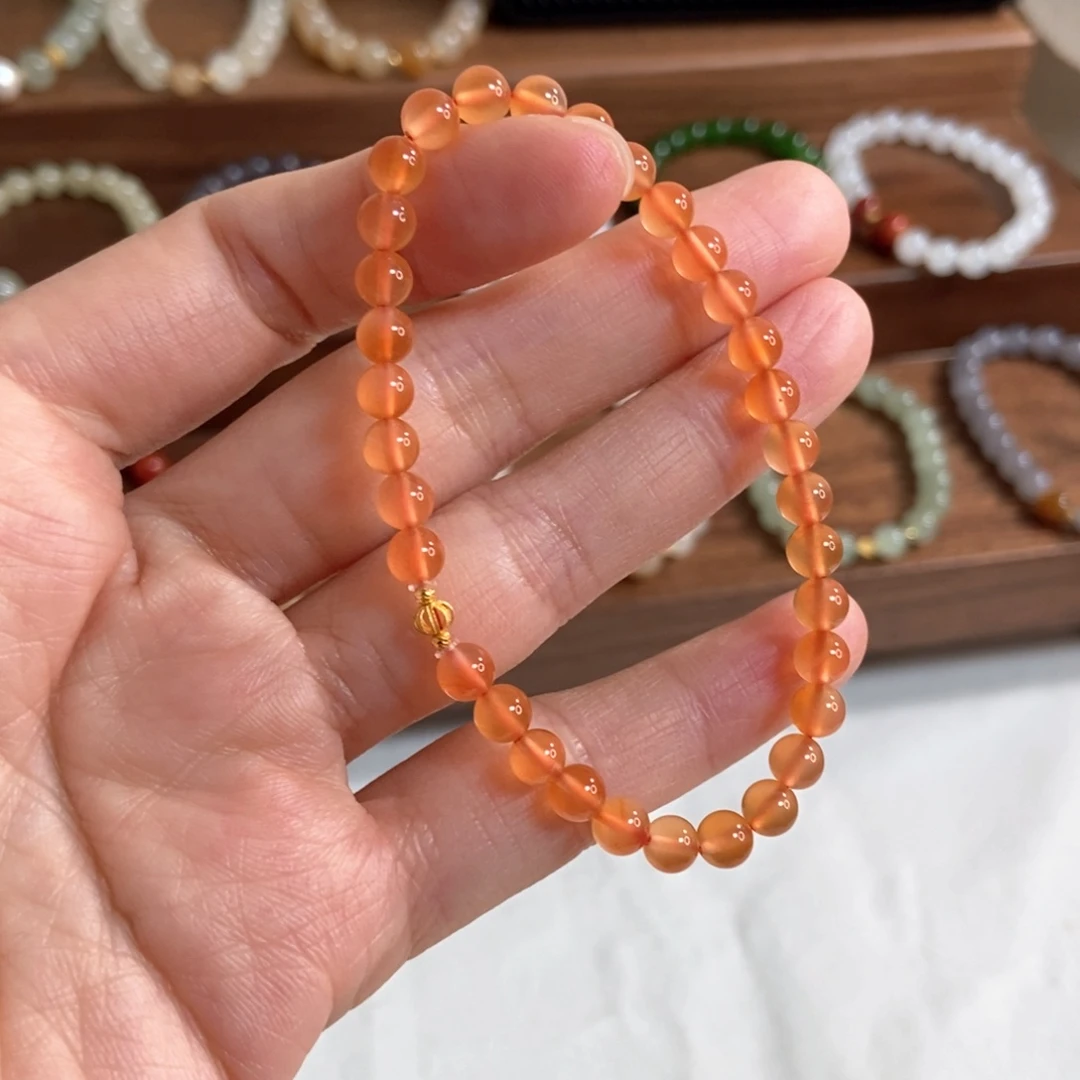 南红玛瑙手链18K金镶嵌5mm冰红橘红色