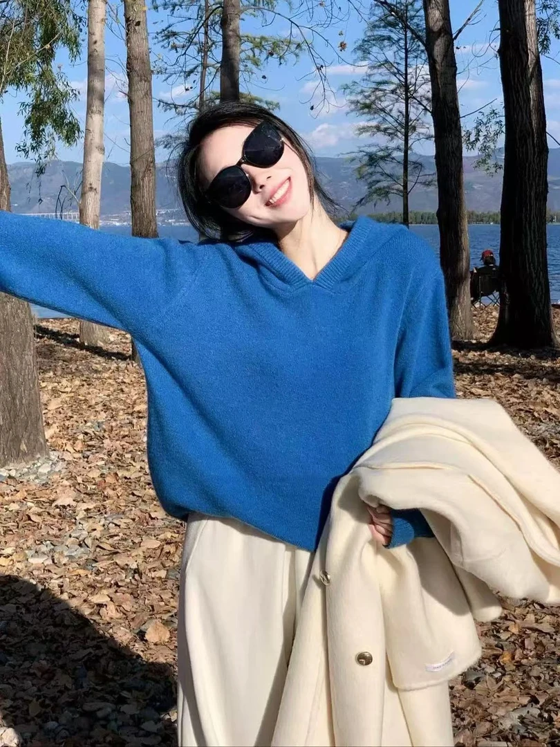 克莱因蓝宽松软糯连帽长袖毛衣女秋冬2024新款显瘦慵懒风针织上衣