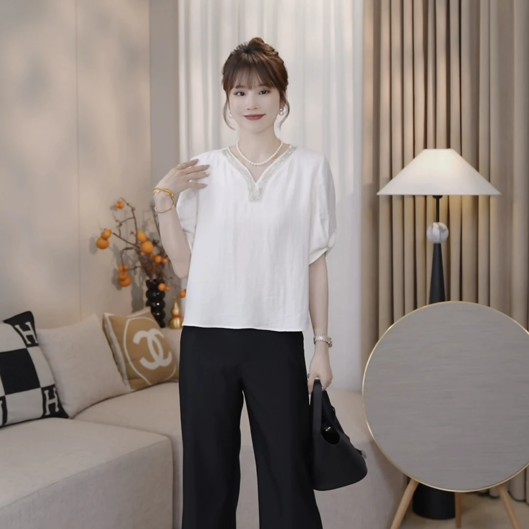 LMENY维纳斯~法式V领重工珠管花边拼接轻薄显瘦小衫25BC019