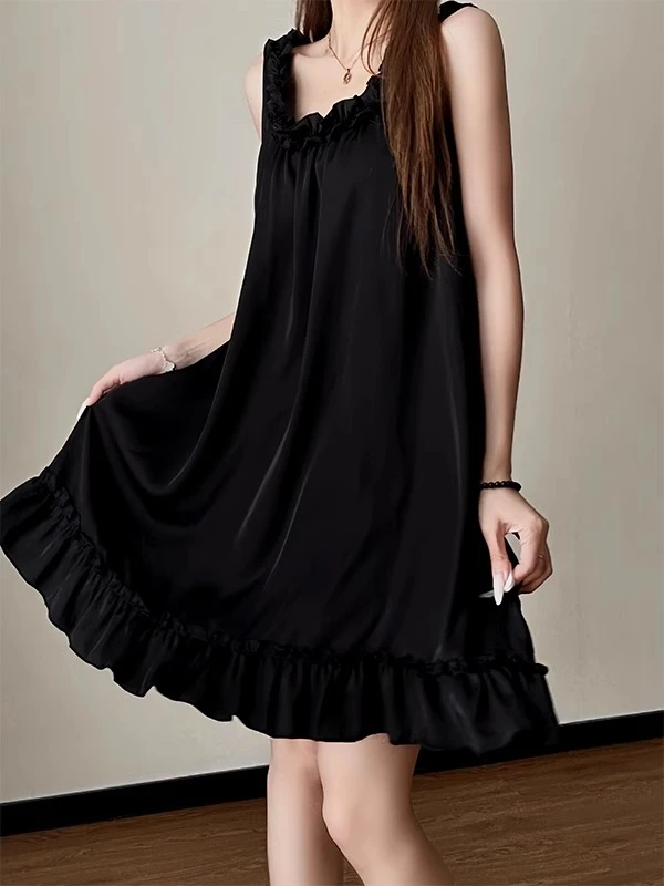 法式少女纯欲木耳边露背系带冰丝睡裙夏季家居服带胸垫吊带裙外穿