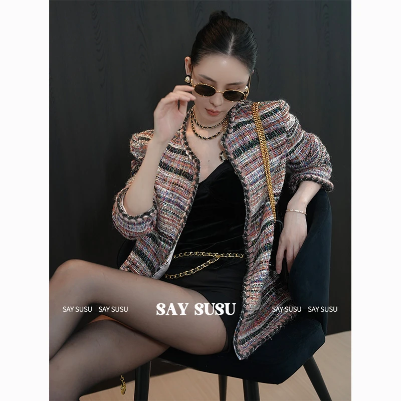SAYSUSU 【丛林海棠】法式名媛中长款小香风圆领编织上衣羊毛外套