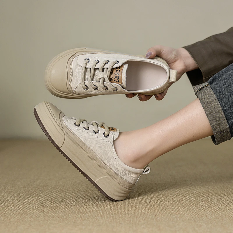 2025新款头层牛皮厚底小白鞋新款百搭女鞋真皮透气浅口平底板鞋