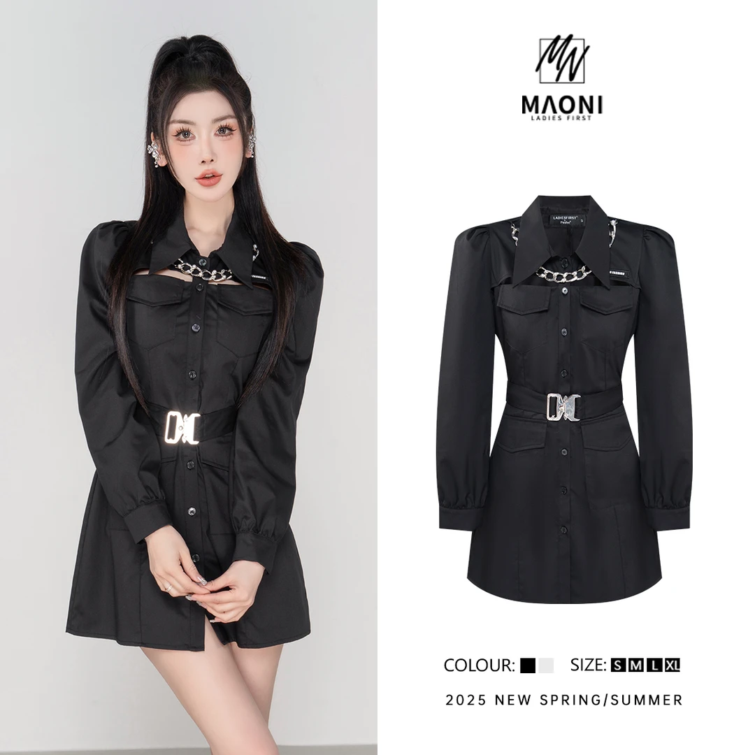 毛妮Peshe【工装连衣裙】链条设计感酷飒气质裙配腰带+链条L1224