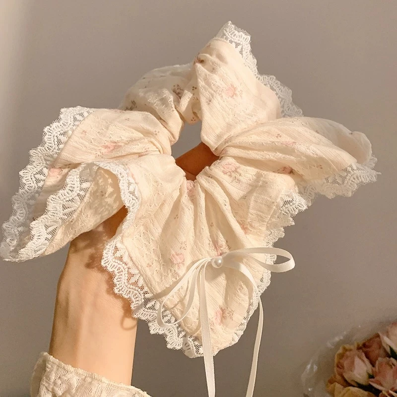 海棠春色~粉色碎花蝴蝶结蕾丝方巾大肠发圈女韩系大号头绳发饰夏