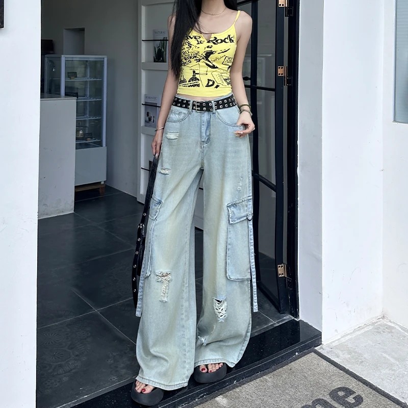 美式高街小个子直筒牛仔裤女秋薄款2025新款垂感宽松阔腿工装裤子