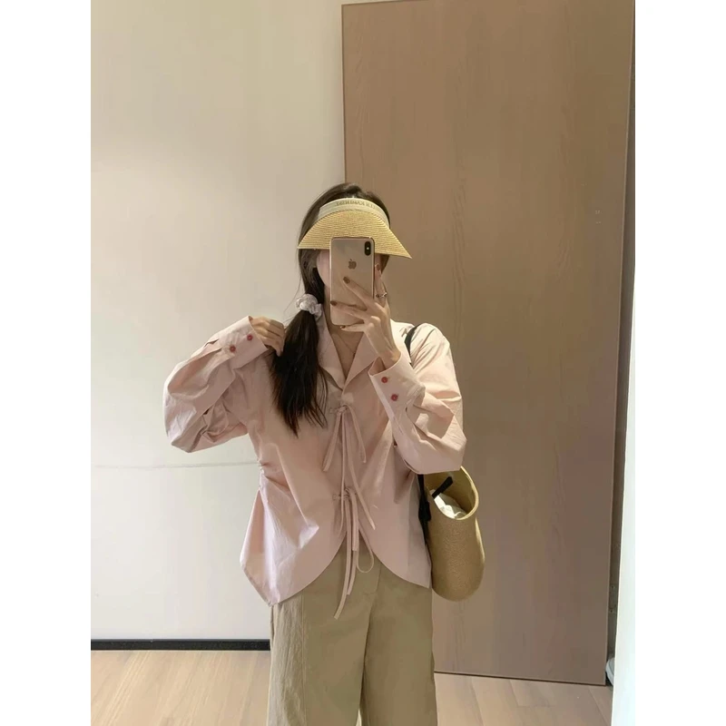 韩版设计绑带衬衣裙2025新款气质纯色百搭长袖衬衫