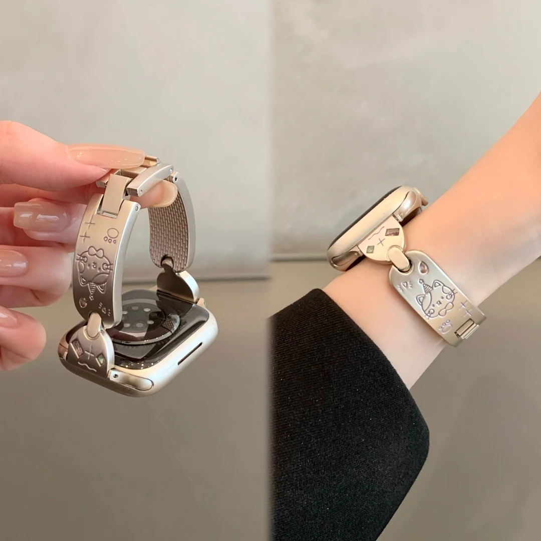 适用苹果手表iwatchS10表带applewatchS9夏SE可爱S8猫咪彩钻7金属