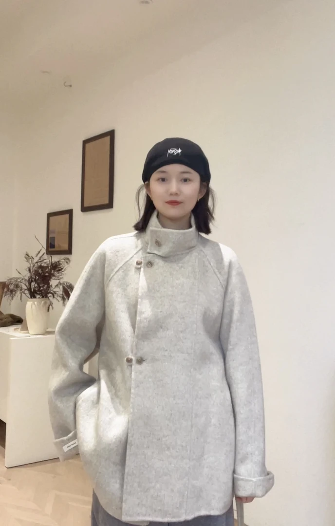 68911秋冬新品山羊绒大衣韩系宽松立领中短款双面呢大衣