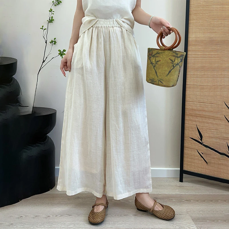 2025夏新大码百搭双层直筒裤苎麻防晒裤轻薄松紧高腰九分裤阔腿裤