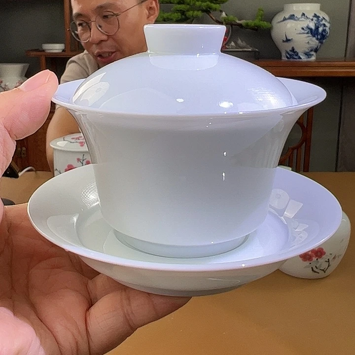 柴窑素胎马蹄三才盖碗