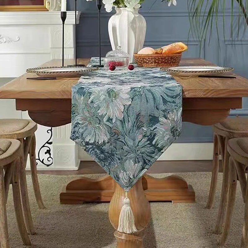 美式油画色织桌旗提花长条桌布床旗吊穗桌旗茶几装饰厂家一件代发