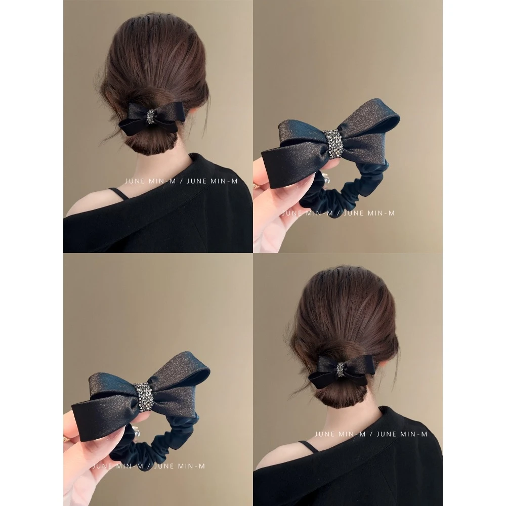 黑暗荣耀~高级感气质轻奢缎面蝴蝶结带钻皮筋发绳扎马尾发圈发饰
