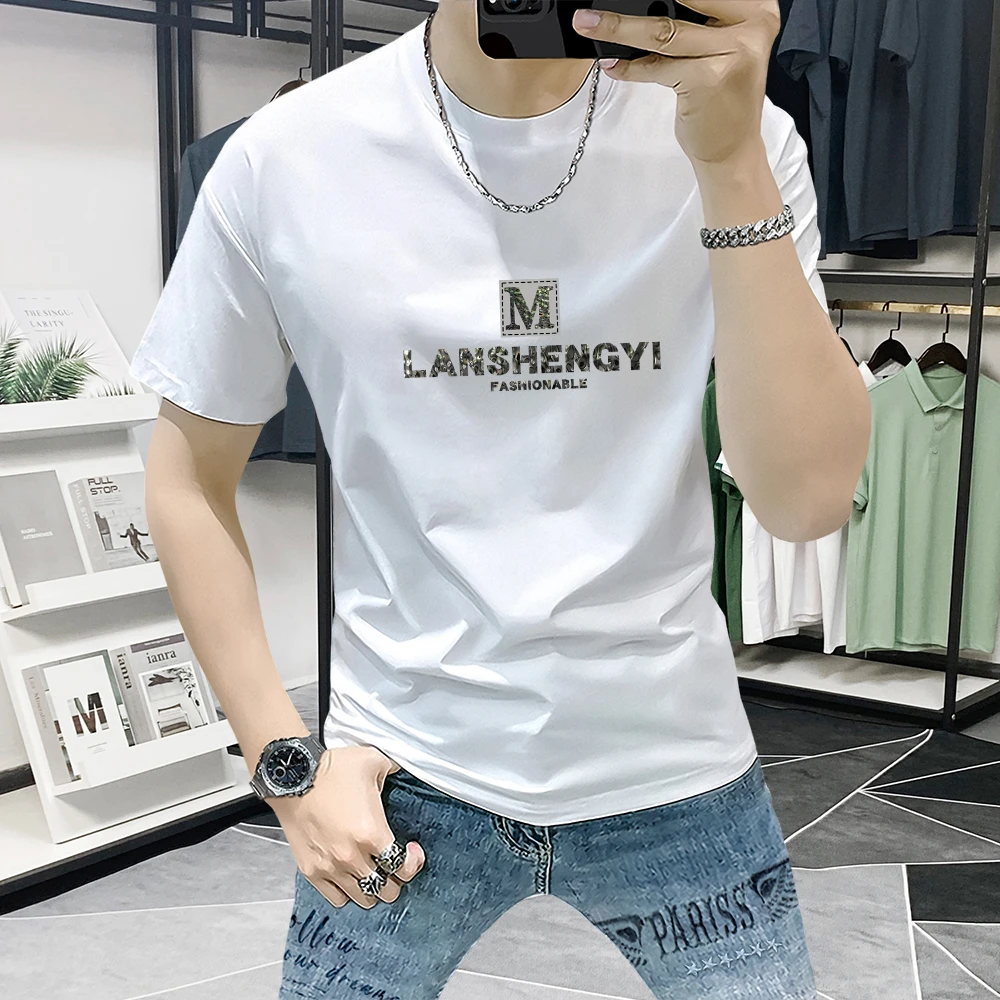 蓝晟依短袖男t恤夏季新款字母印花圆领半袖上衣修身百搭打底衫男T