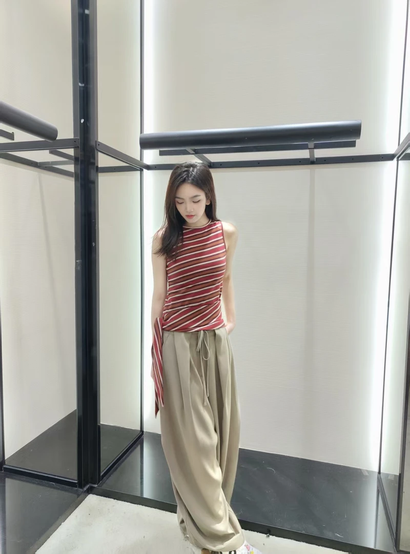 MO夏季新款系带装饰条纹撞色无袖背心上衣 XM2511567