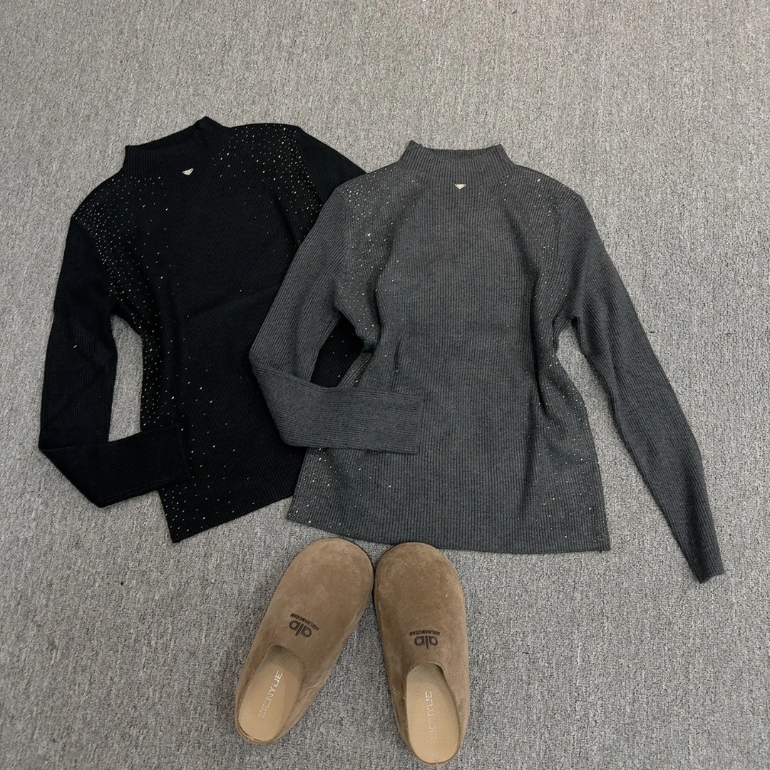 【小爽推荐】韩系秋冬新款立领竖纹烫钻长袖针织衫内搭