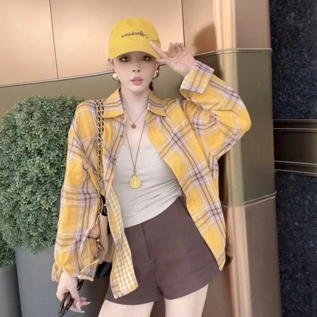 【撞色格子】秋季长款衬衣+高腰薄款时尚显瘦夏季复古短裤BB50266