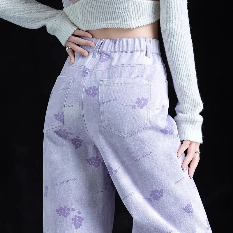 紫色印花直筒牛仔裤2025春夏小清新窄版阔腿裤松紧腰涂鸦薄款女裤