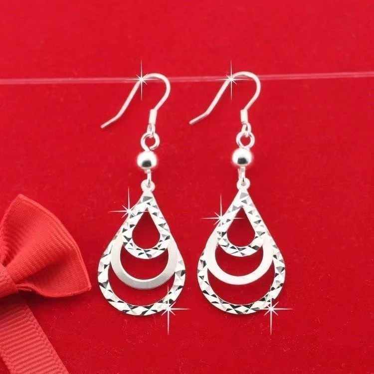 足银耳饰999纯银中国风气质简约三叶水滴银色耳钩长款耳坠妈妈款