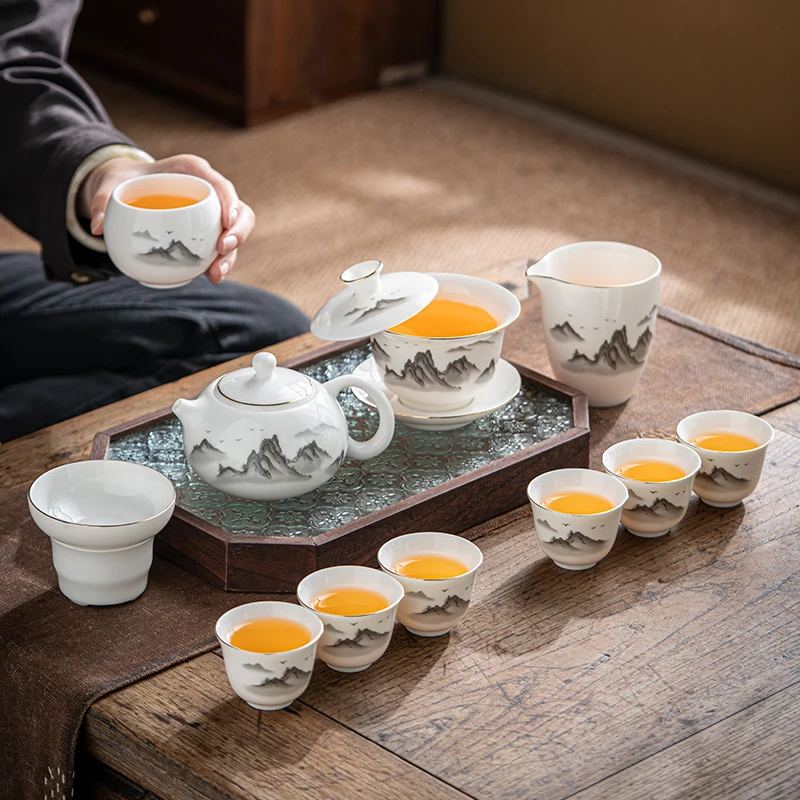 御瓷斋羊脂玉瓷水墨江山茶具茶壶套装