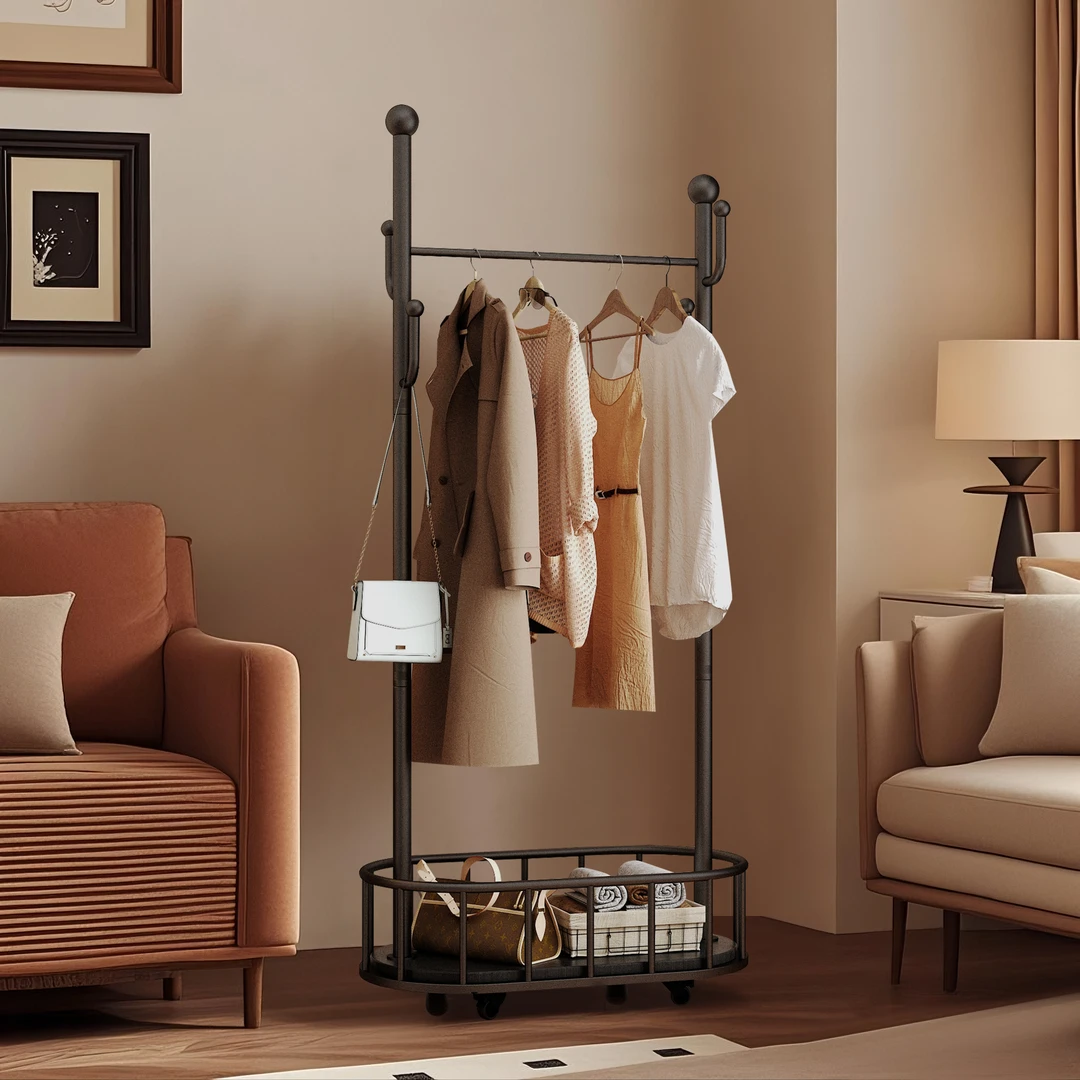 中古风卧室可移动衣帽架铁艺落地式挂衣架家用多功能脏衣篓晾衣架