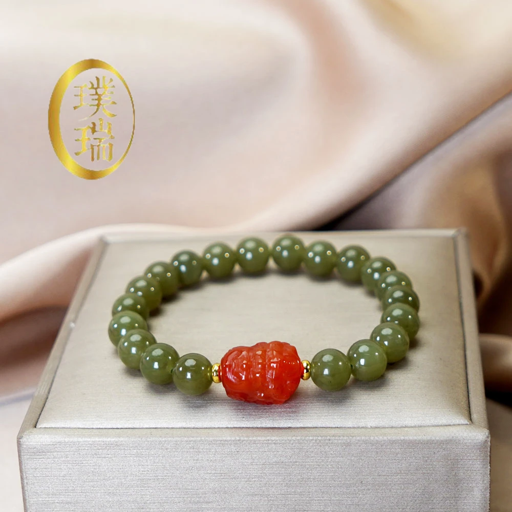 天然和田玉配南红黄财神手链8mm大点位 多样性发一 SL523