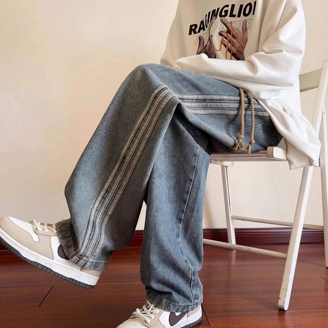 仓石一树秋冬季牛仔裤痞帅宽松阔腿裤轻奢痞帅运动男装直筒长裤子