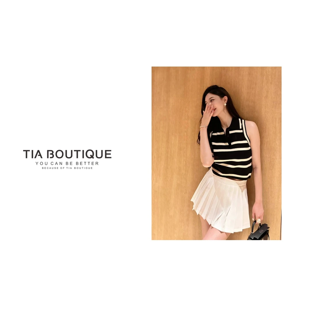 【条纹法则】杨树林时髦黑白条纹polo领气质千金无袖背心上衣SY0227