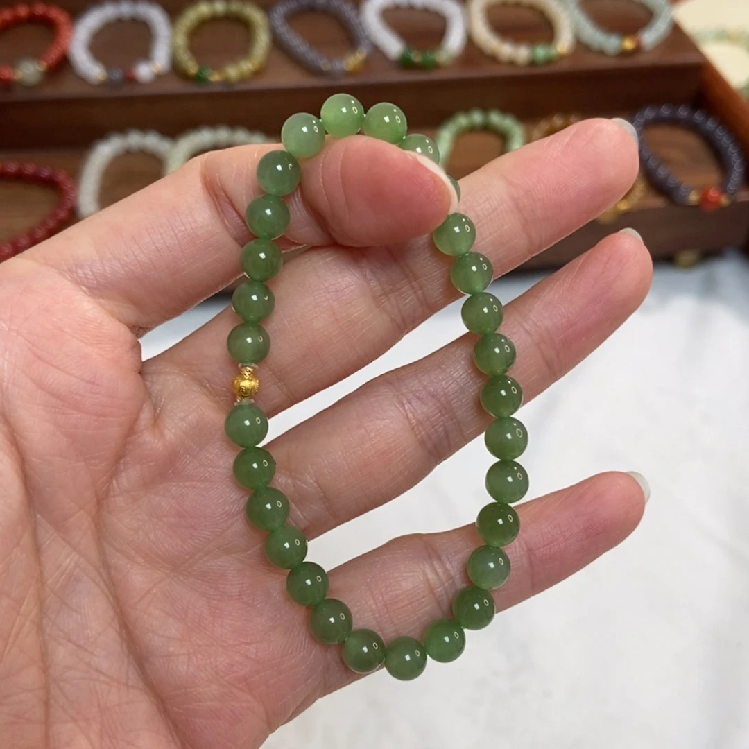 和田玉18K金镶嵌手链6mm浅冰果绿碧玉