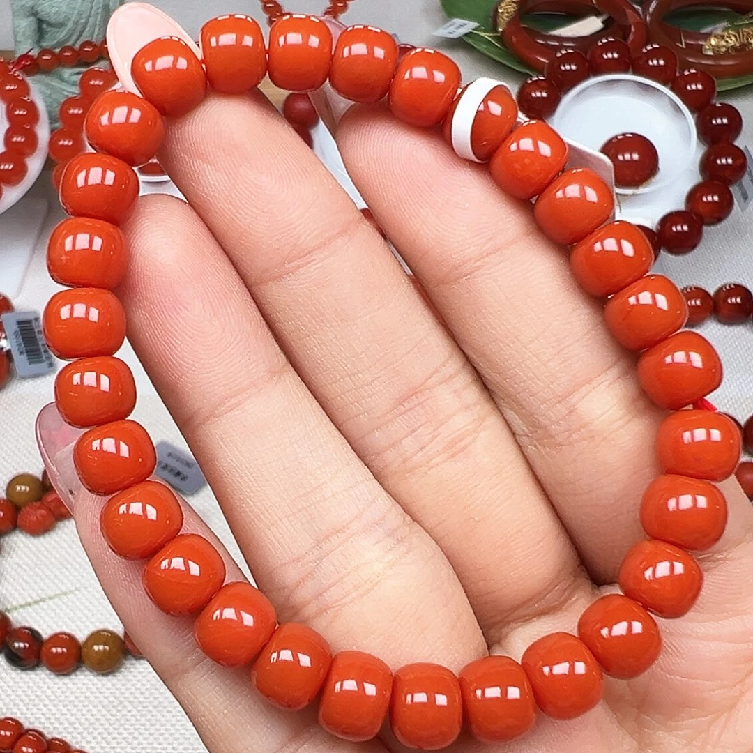 南红玛瑙未镶嵌手串精品 保山柿子红老型卡7mm+