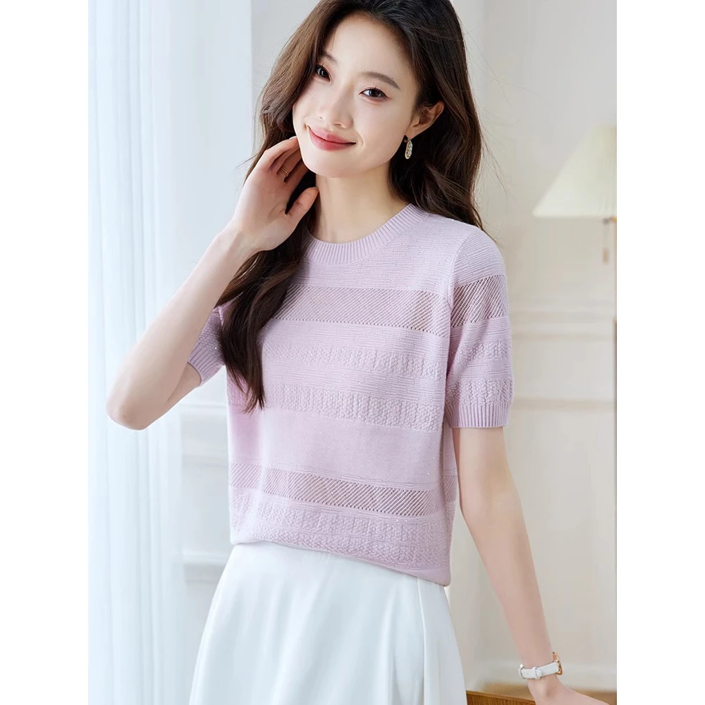 夏季新款薄款镂空冰丝短袖针织衫女时尚圆领显瘦套头T恤百搭上衣