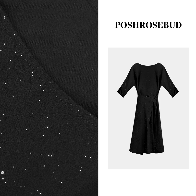 POSHROSEBUD【星空】法式细闪烫钻拼接细带收腰显瘦连衣裙-T05051