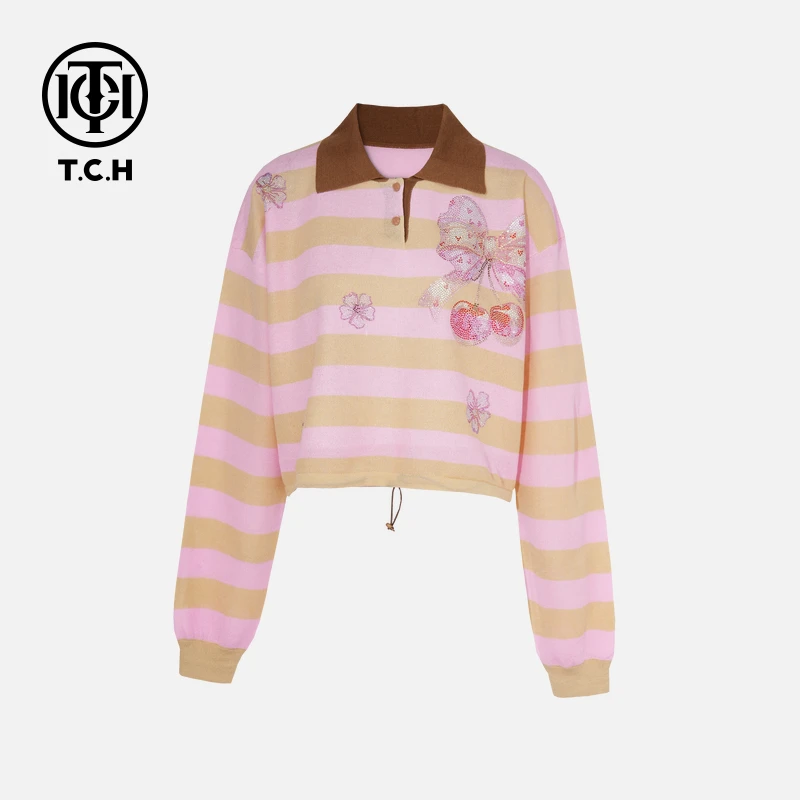 TCH秋款烫钻新时尚淑女百搭新潮流针织衫T75C09E5028轻奢tch上衣