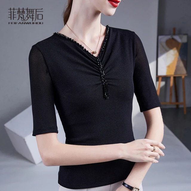 菲梵舞后V领钉珠网纱舞蹈服女现代舞修身显瘦上衣广场舞上衣黑色
