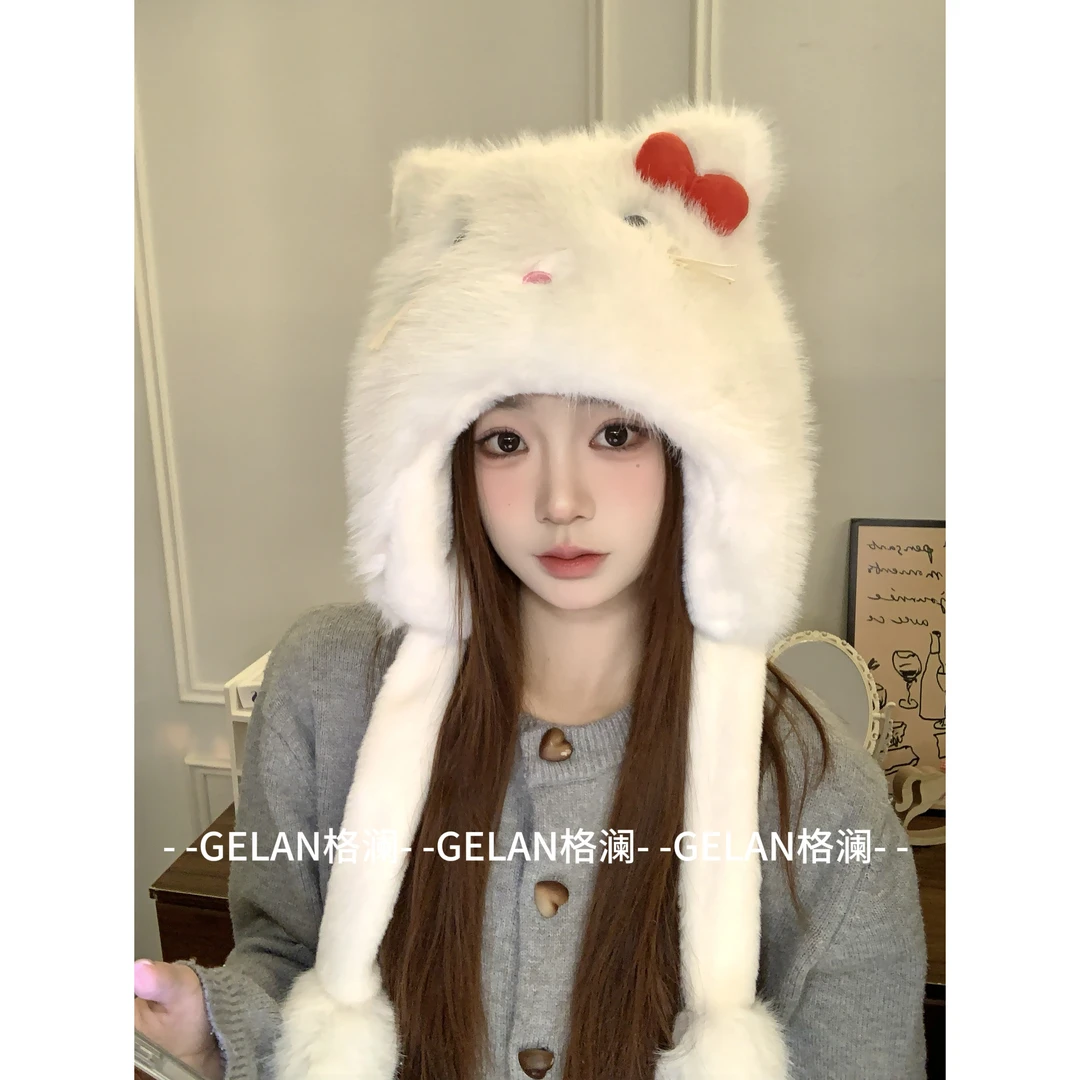 冬季毛绒kitty猫帽子女2025新款爆款洋气帽子围脖两件套大头围