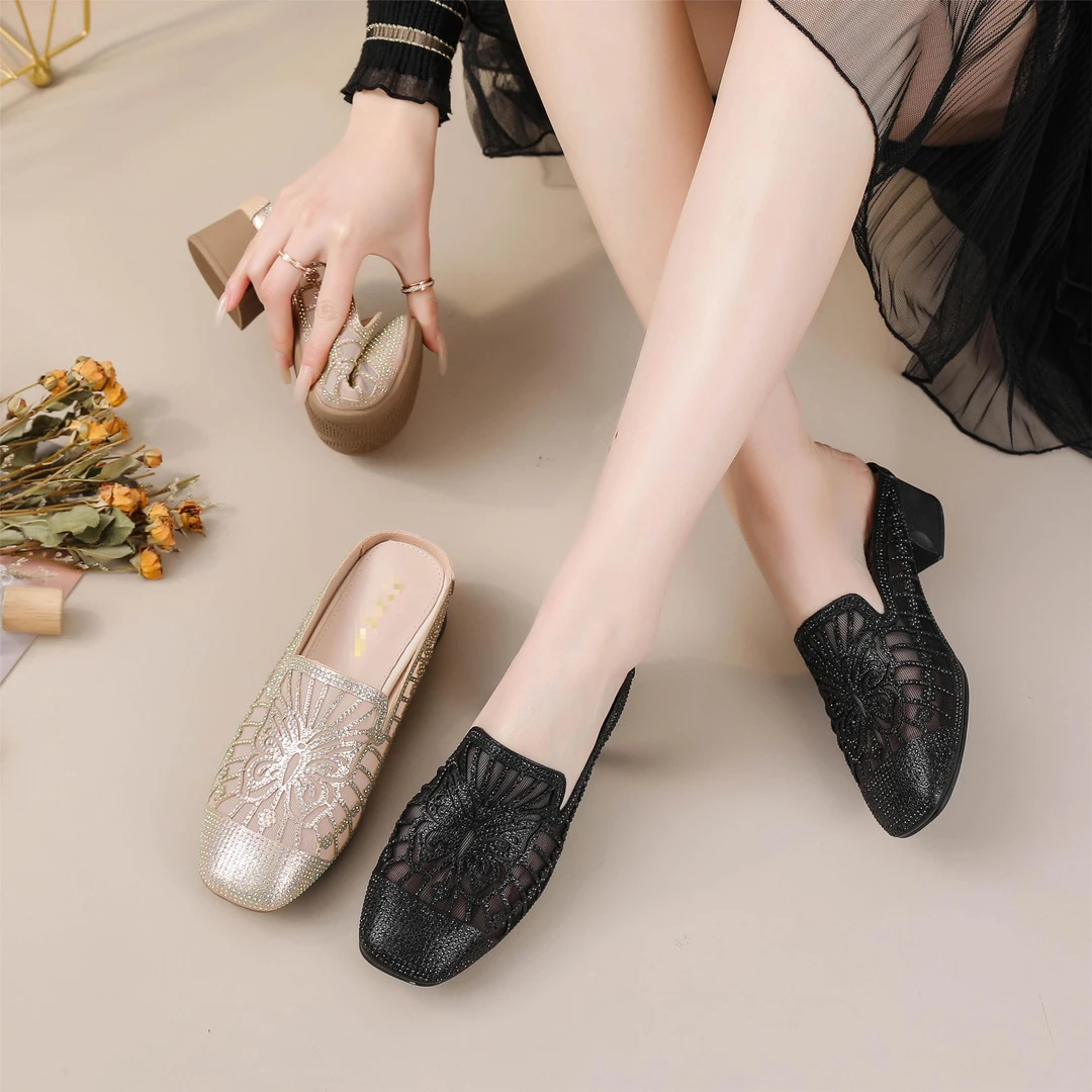 夏发女鞋2025夏季新款网纱凉鞋包头半拖鞋粗跟外穿凉拖鞋低跟透气