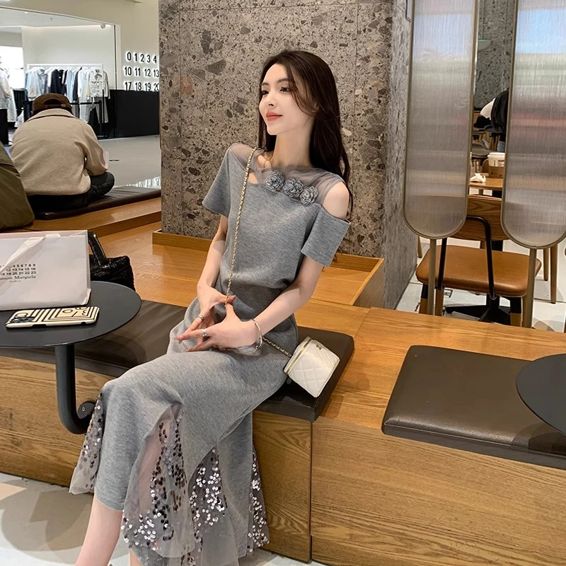 灰色法式露肩拼接裙摆连衣裙减龄超好看独特漂亮高级感裙子1967