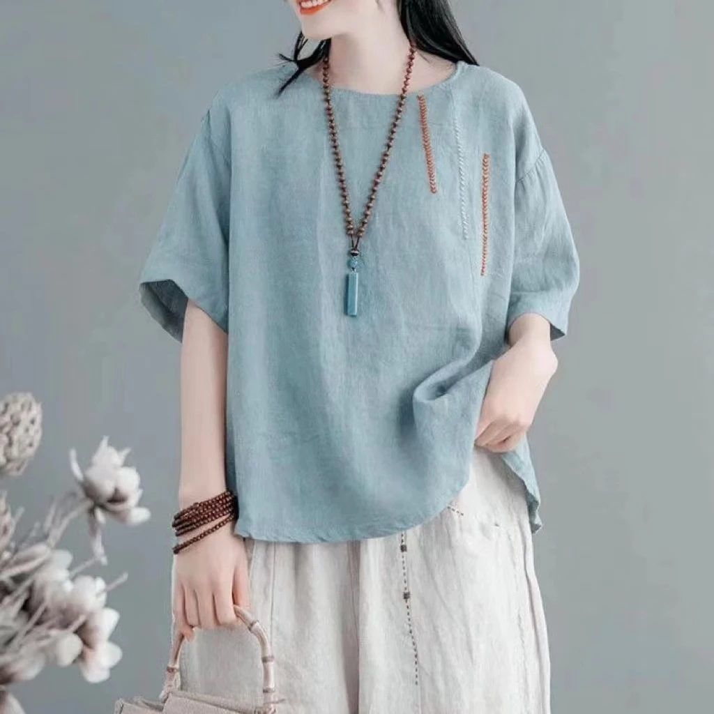 【当天发+退换包邮】夏季短袖女士刺绣圆领复古透气棉麻套头T恤439