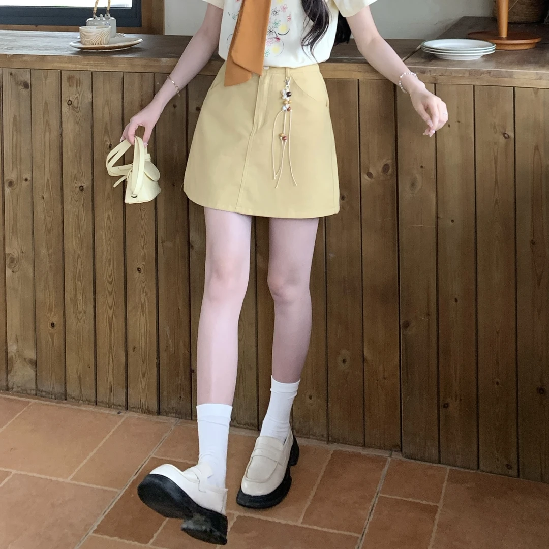 【小铃铛】TU27623日杂感复古小个子半身裙女盐系黄色包臀A字短裙