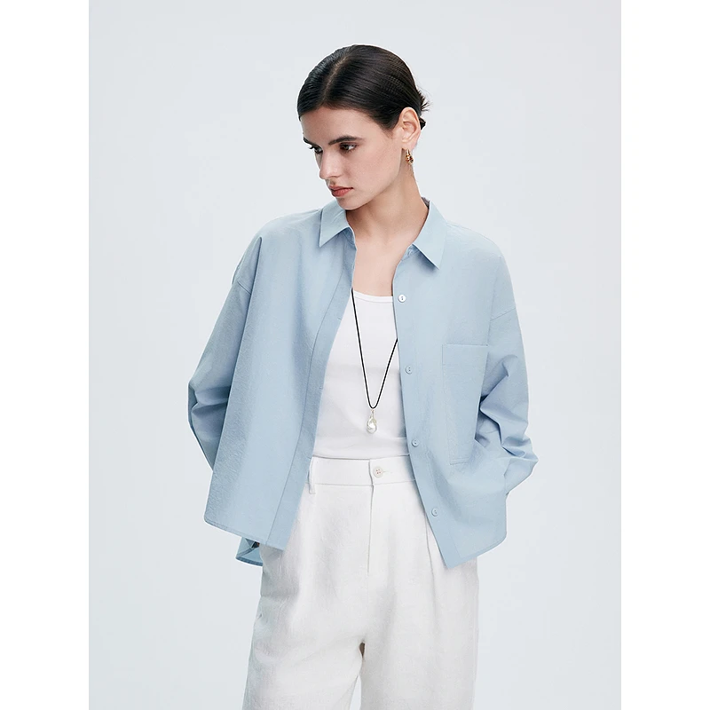 初棉短款箱型长袖衬衫肌理感廓形宽松衬衣式外套362604010