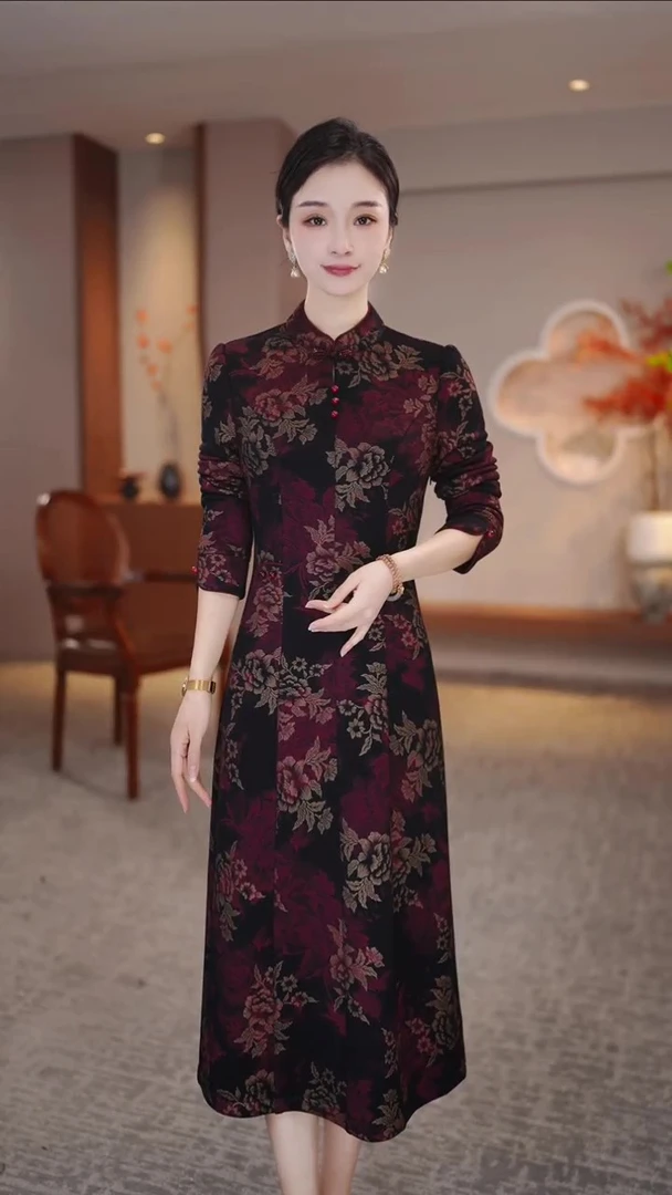 2024秋冬新款加绒加厚妈妈显瘦装旗袍中长款妈妈装连衣裙KL-010