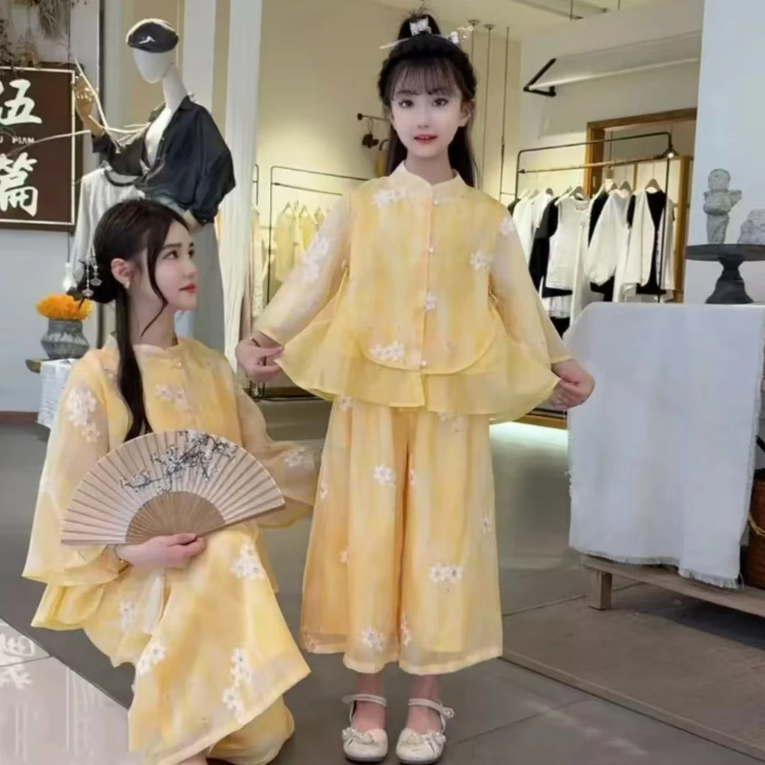女童刺绣碎花汉服套装夏季新款复古仙气薄款中大童国风唐装两件套