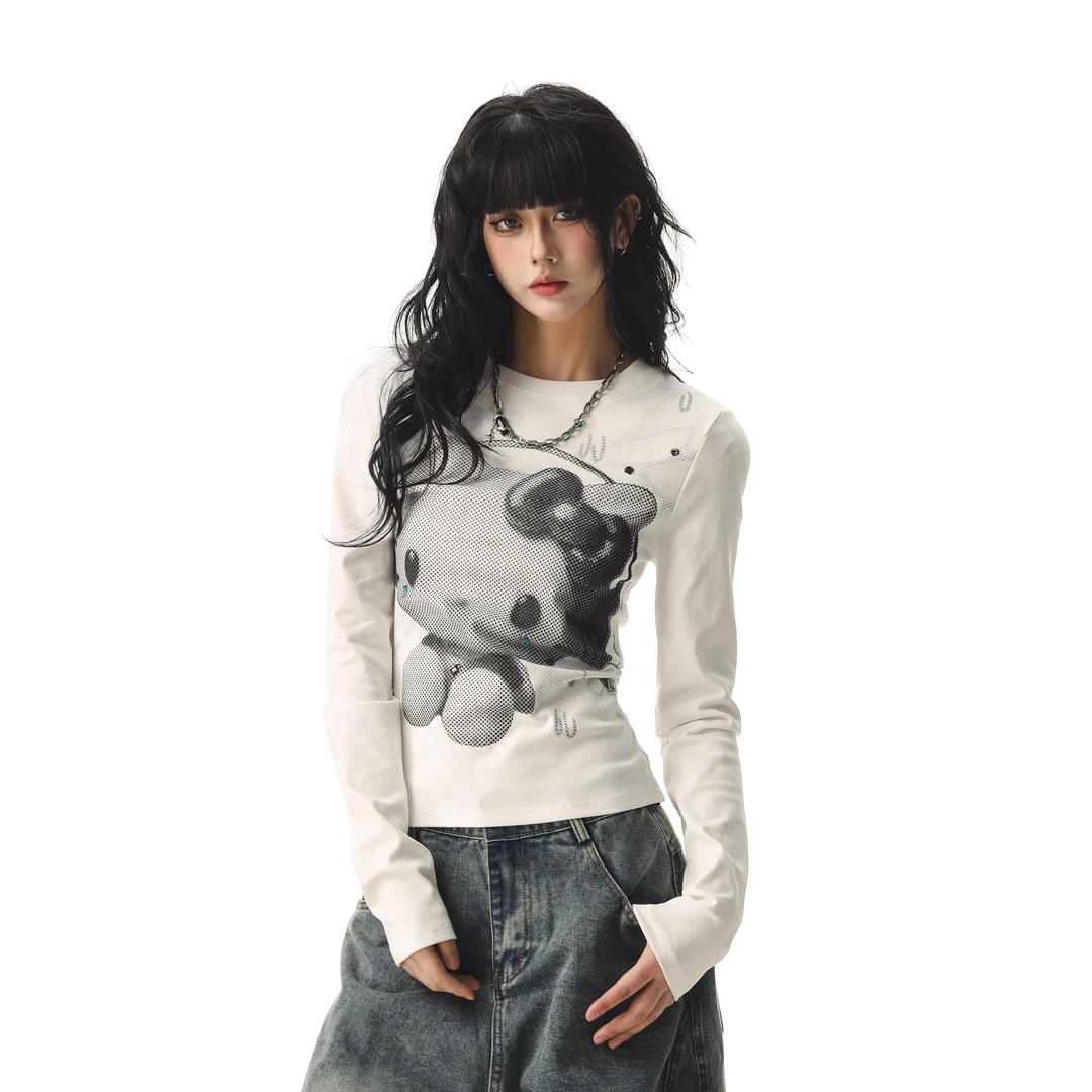 CTB美式辣妹Kitty猫印花长袖T恤女秋季修身显瘦打底上衣