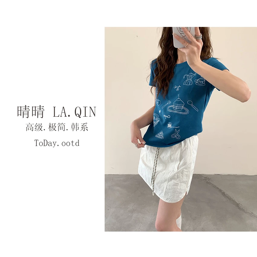 晴晴家-【翻斗花园】夏季韩系设计感线条花园小房子简约短袖T恤3309