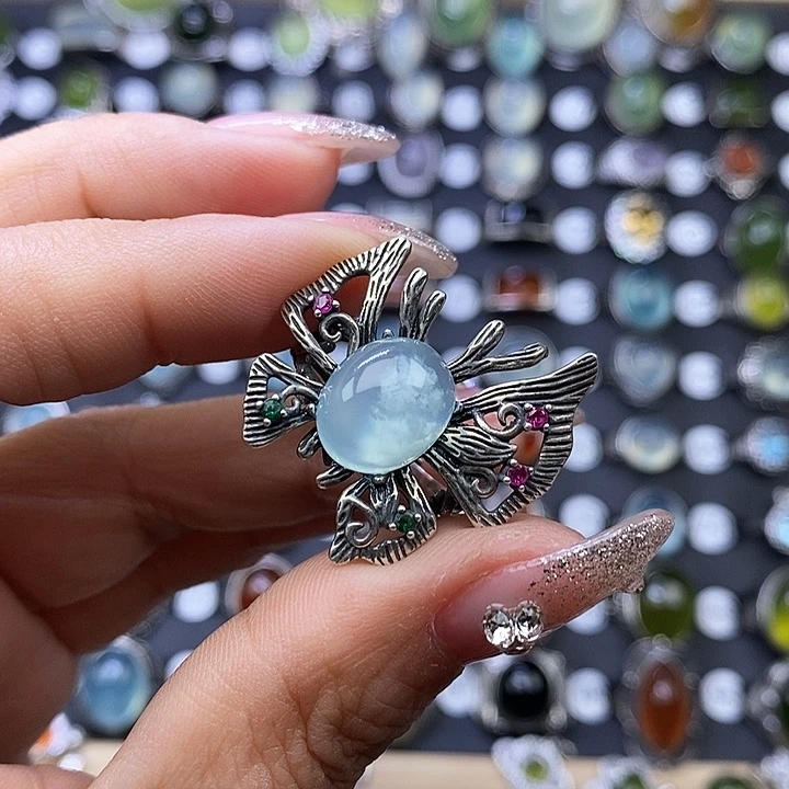 岫玉银S925镶嵌戒指桔*